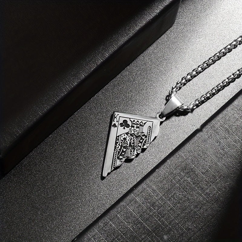 1pc Stainless Steel Half-Heart Playing Card Pendant Necklace - Punk Gothic Style Intricate Spade & Heart Design Durable Unisex Jewelry Gift for Men Women, Heart Pendant Necklace, Statement Accessory, Polished Metallic Finish
