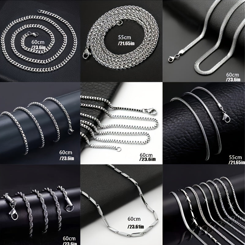 A Set Of 8 Stylish Stainless Steel Necklaces In Simple Silvery Geometric Design, Retro Necklace, Men's Personalized Hip-hop Casual Necklace Set, Accessories For Men's Gifts