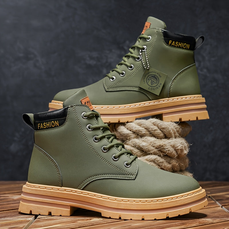 Men'S Olive Green Casual Boots - Comfortable Lace-Up Ankle Boots with Thick Cushioned PVC Sole, Round Toe & Breathable Fabric Lining for All-Season Wear, Everyday Footwear, Minimalist Design, Durable Construction