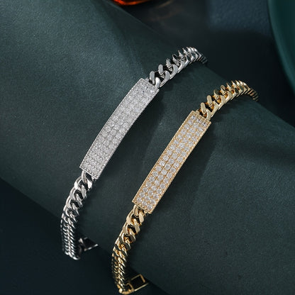 1pc Elegant Men'S Bracelet, 14K Gold Plated Copper Chain with Full Pave Synthetic Cubic Zirconia, No Magnet, Jewelry Gift