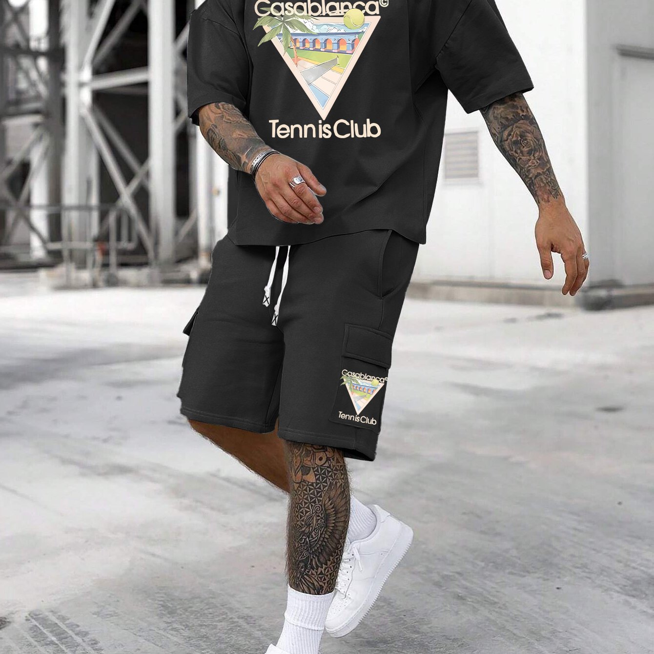 New Loose Fit Breathable Men's Crew Neck Short Sleeve T-Shirt and Workwear Style Multi-Pocket Shorts Set, Summer Casual Sportswear Two-Piece Outfit, Stylish Versatile Top and Pants for Both Men and Women