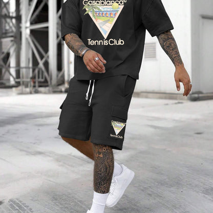 New Loose Fit Breathable Men's Crew Neck Short Sleeve T-Shirt and Workwear Style Multi-Pocket Shorts Set, Summer Casual Sportswear Two-Piece Outfit, Stylish Versatile Top and Pants for Both Men and Women