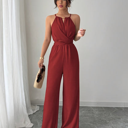 Women'S Elegant Off-Shoulder Twist Front Jumpsuit - Beige Wide-Leg Jumpsuit with Adjustable Waist Tie, Perfect for Spring & Summer Casual or Dressy Outfits, Casual Chic Wear | Offshoulder Fashion | Polyester Fabric