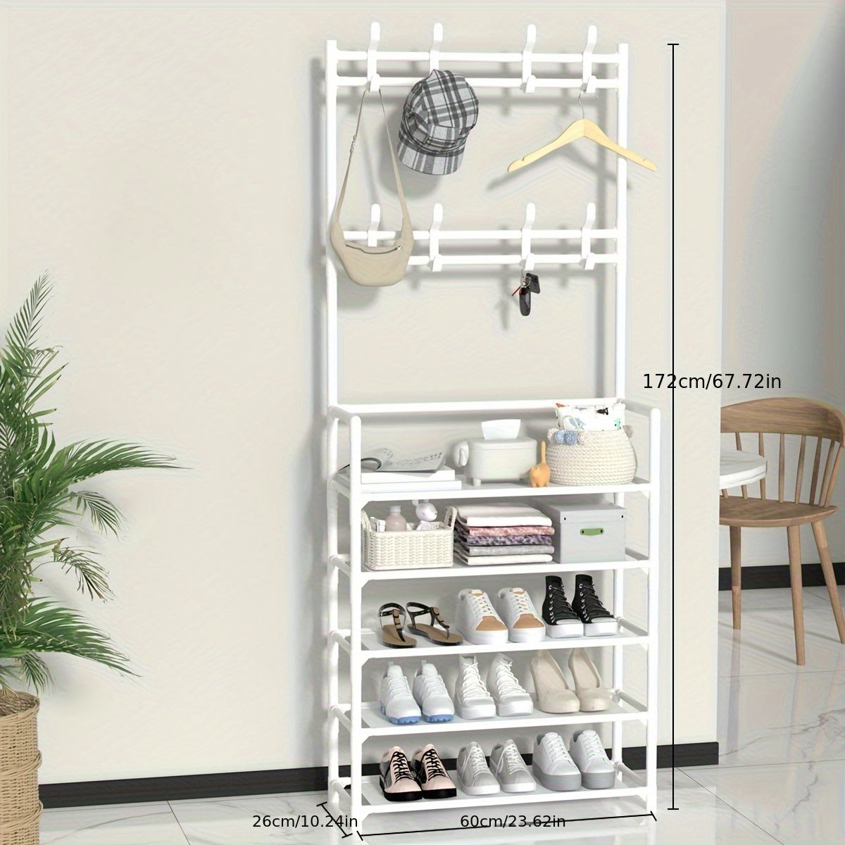 1pc Multi-Functional Entryway Organizer - Heavy-Duty Shoe Rack & Coat Hanger with Hooks, Space-Saving Hallway Storage Cabinet, Easy Assembly No Tools Needed, Sturdy Metal/Plastic Construction for Living Room, Bedroom, Office