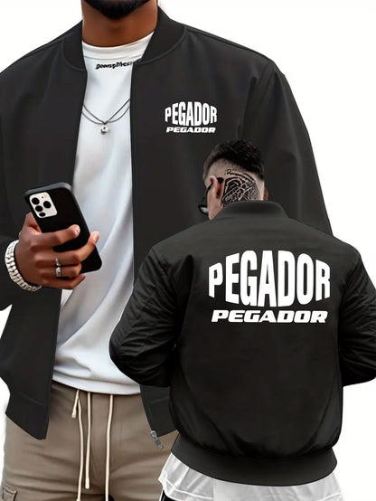 Men's Heavy-Duty Full-Zip Jacket with PEGADOR Back Print - Olive Green Full-Zip Training Coat, Full-Length Zipper Closure, Machine Washable Winter Jacket for Gym, Outdoor & Casual Wear - Athletic Windbreaker for Men, Geometri
