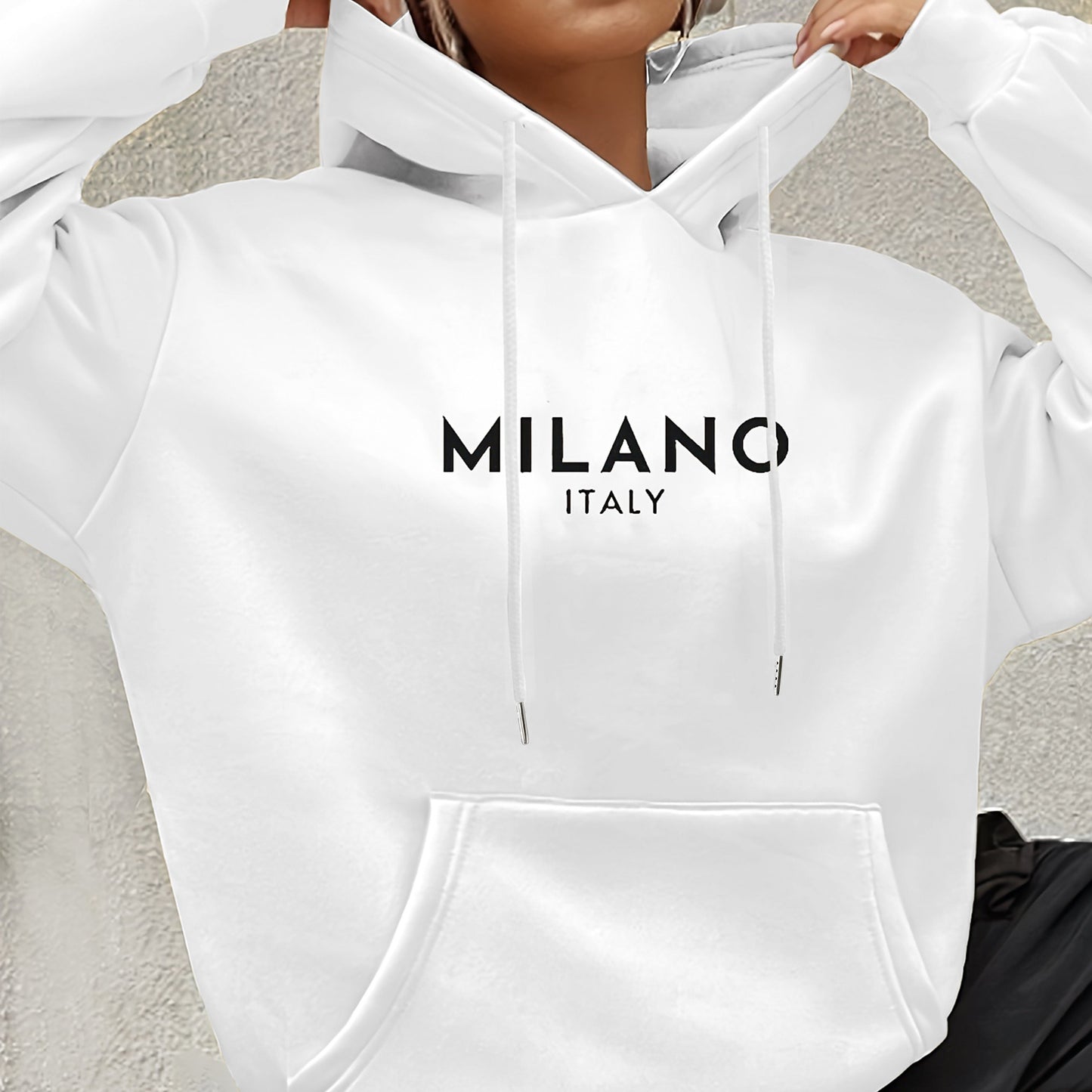 Milano Italy Polyester Hoodie for Women - 100% Knit Fabric, Alphabet Print, Casual Long Sleeve Sweatshirt with Pocket, Fashionable European Trip Inspired Hooded Sweatshirt, Spring/Summer/Fall Collection