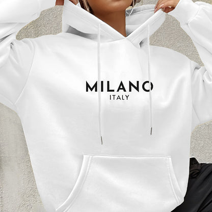 Milano Italy Polyester Hoodie for Women - 100% Knit Fabric, Alphabet Print, Casual Long Sleeve Sweatshirt with Pocket, Fashionable European Trip Inspired Hooded Sweatshirt, Spring/Summer/Fall Collection