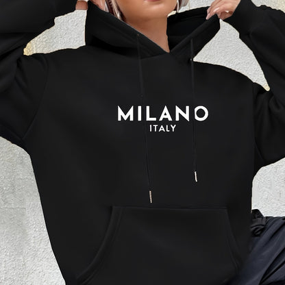 Milano Italy Polyester Hoodie for Women - 100% Knit Fabric, Alphabet Print, Casual Long Sleeve Sweatshirt with Pocket, Fashionable European Trip Inspired Hooded Sweatshirt, Spring/Summer/Fall Collection