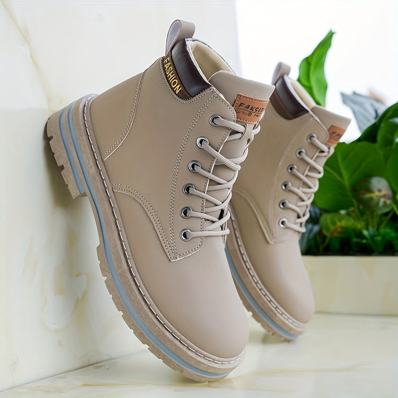 Men'S Olive Green Casual Boots - Comfortable Lace-Up Ankle Boots with Thick Cushioned PVC Sole, Round Toe & Breathable Fabric Lining for All-Season Wear, Everyday Footwear, Minimalist Design, Durable Construction