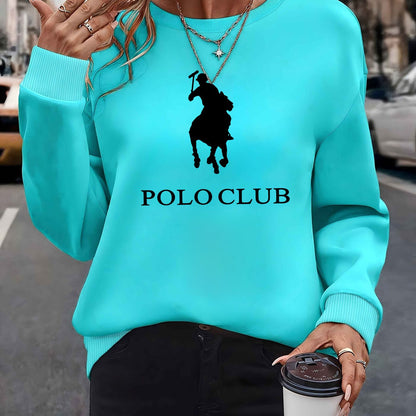 Women'S Light Blue "POLO CLUB" Graphic Sweatshirt - Cozy Fleece-Lined Crew Neck, Long Sleeve Pullover for Fall & Winter, Perfect for Home, Parties, and Travel, Casual Wear|Graphic Crewneck|Fleece Lined Sweatshirt