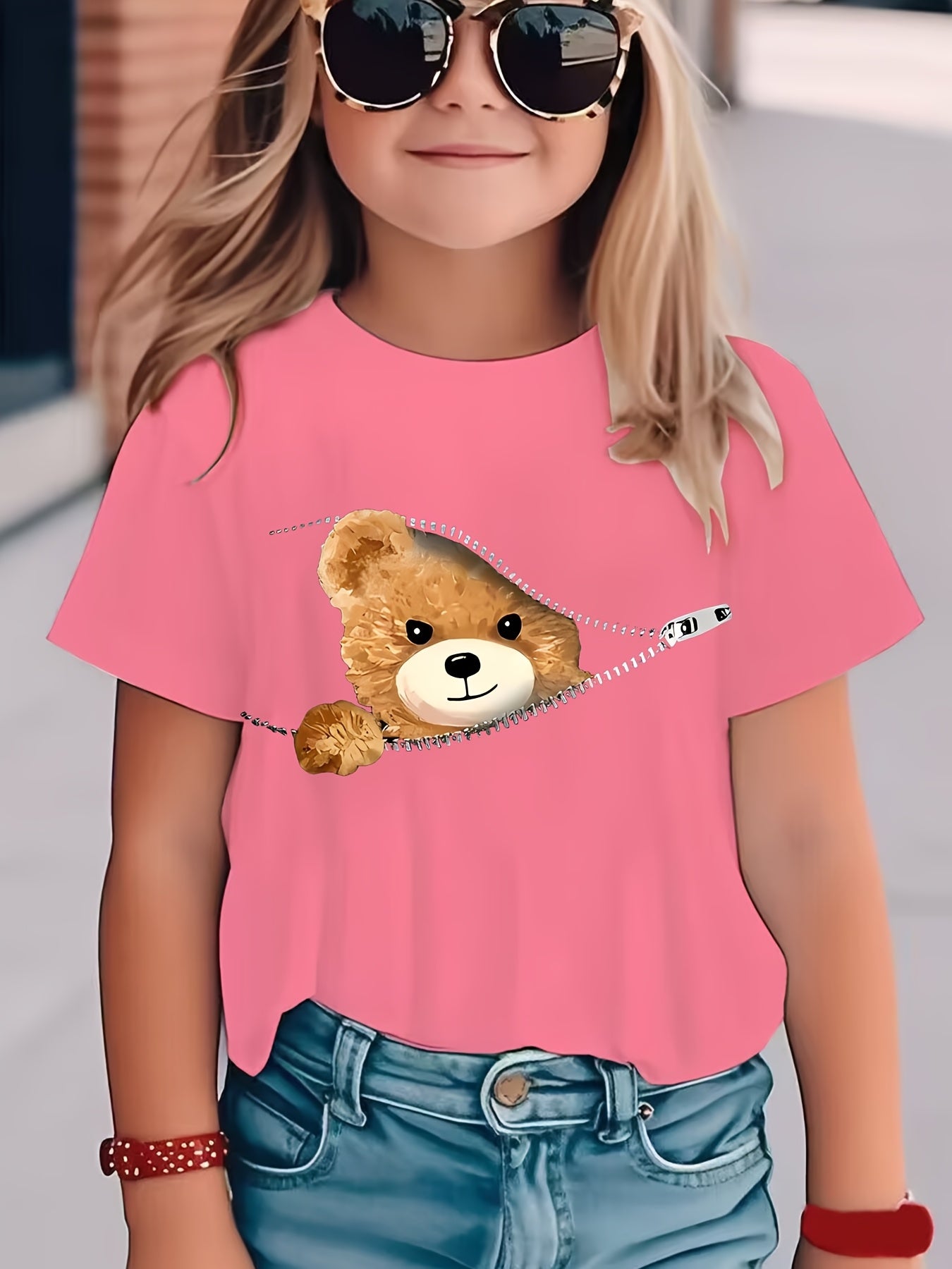 Girls' White Short Sleeve T-Shirt with Neon Green Cartoon Bear Zipper Pocket Design - Cute Streetwear Top for Spring Summer Fall, Soft Knit Round Neck Casual Playwear, Shirts for Girls, Playful Outfit, Comfortable Fit, Durabl