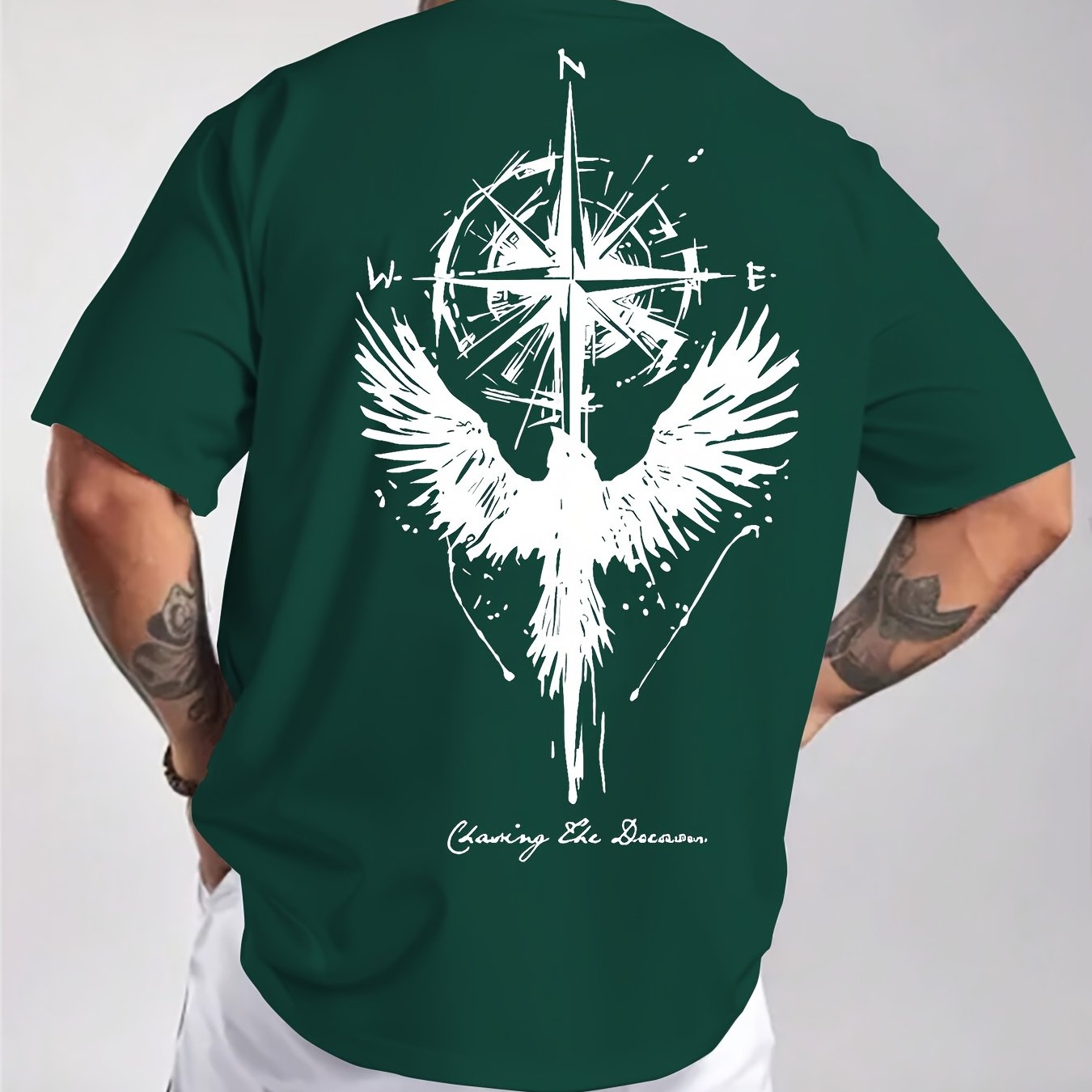 Men'S Summer Short Sleeve T-Shirt with Bold Eagle & Compass Print - Light Blue Casual Round Neck Tee, Comfortable Stretch Fabric for Casual Attire, Everyday Tshirt | Bold Graphic Tee | Comfortable Fit
