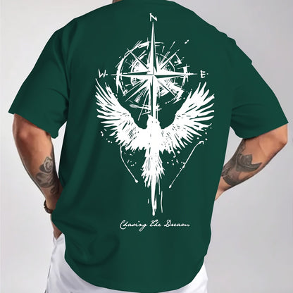 Men'S Summer Short Sleeve T-Shirt with Bold Eagle & Compass Print - Light Blue Casual Round Neck Tee, Comfortable Stretch Fabric for Casual Attire, Everyday Tshirt | Bold Graphic Tee | Comfortable Fit