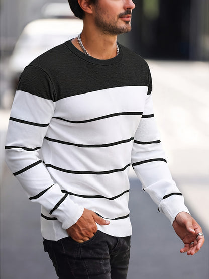 Men's Casual Striped Knit Pullover Sweater - Navy & White Contrast, Regular Fit H-Silhouette, Long Sleeve Crew Neck, Medium Stretch, Machine Washable for Spring & Fall, Mediumstretch Fabric