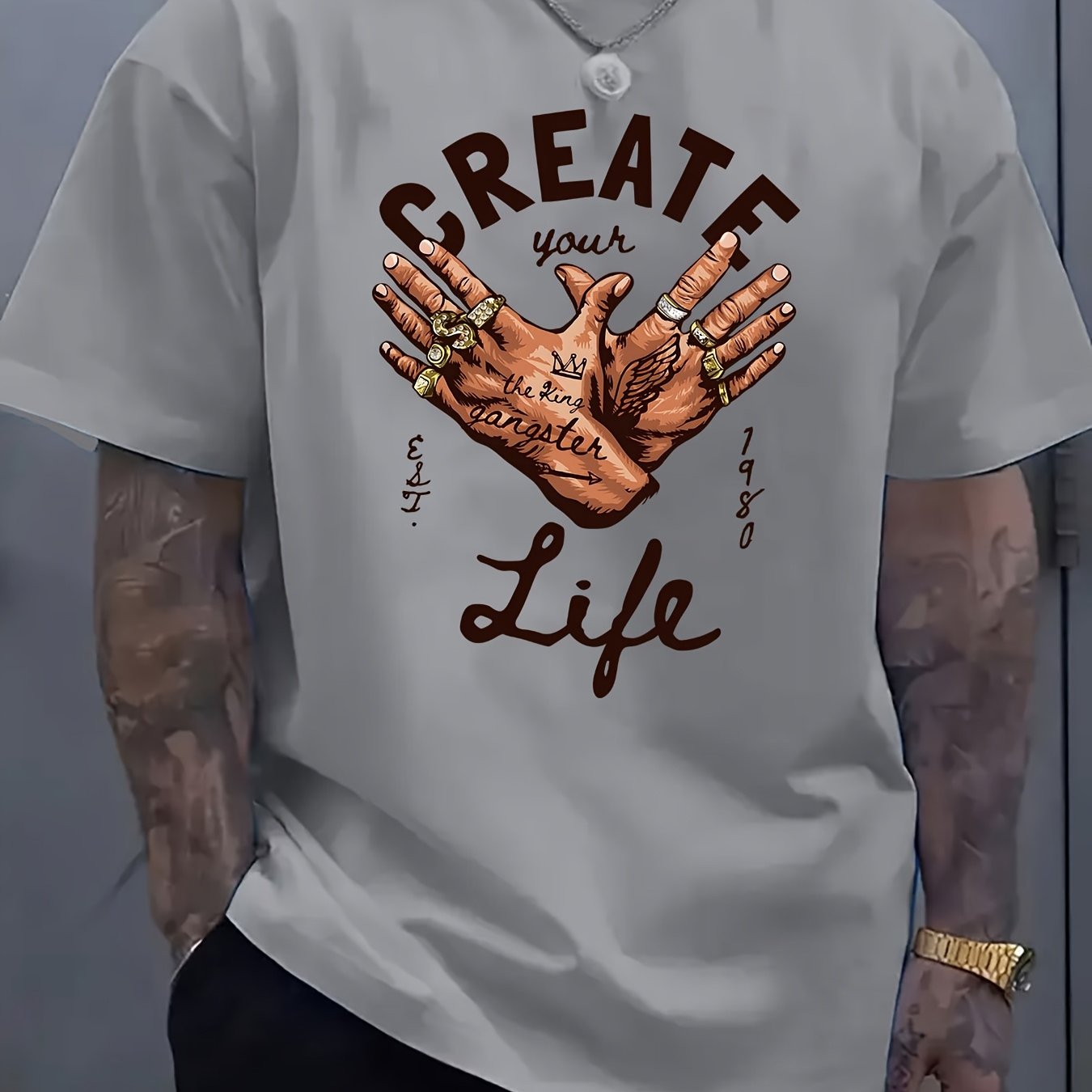 Men's Short-Sleeve T-Shirt with Inspirational "CREATE Your Own Life" Print & Prayer Hands Design - Elastic Round Neck, Breathable Fabric for Summer Outdoor Activities, Casual Comfort Fit, Machine Washable, Artistic Lifestyle