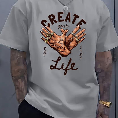 Men's Short-Sleeve T-Shirt with Inspirational "CREATE Your Own Life" Print & Prayer Hands Design - Elastic Round Neck, Breathable Fabric for Summer Outdoor Activities, Casual Comfort Fit, Machine Washable, Artistic Lifestyle