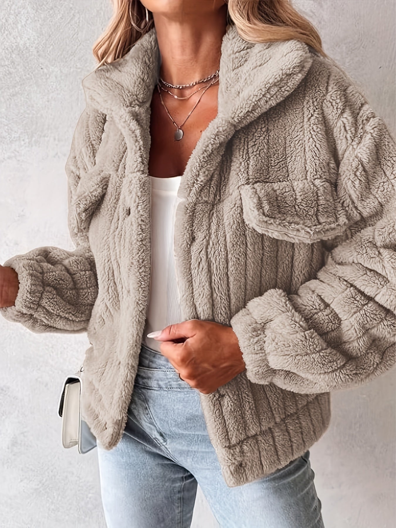 Women's Casual Teddy Jacket with Faux Pockets - Cozy Polyester, Machine Washable, Solid Color for Fall/Winter