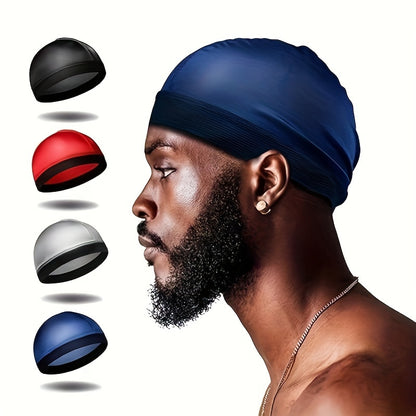 4pcs Silk-Like Fabric Dome Wave Cap for Men - Bohemian Style Non-Stretch Hair Cover, Black/Red/Grey/Blue, Hand Wash/Dry Clean, Versatile for Casual & Formal Wear, Formal Headwear, Sleek Cap Design, Silklike Material