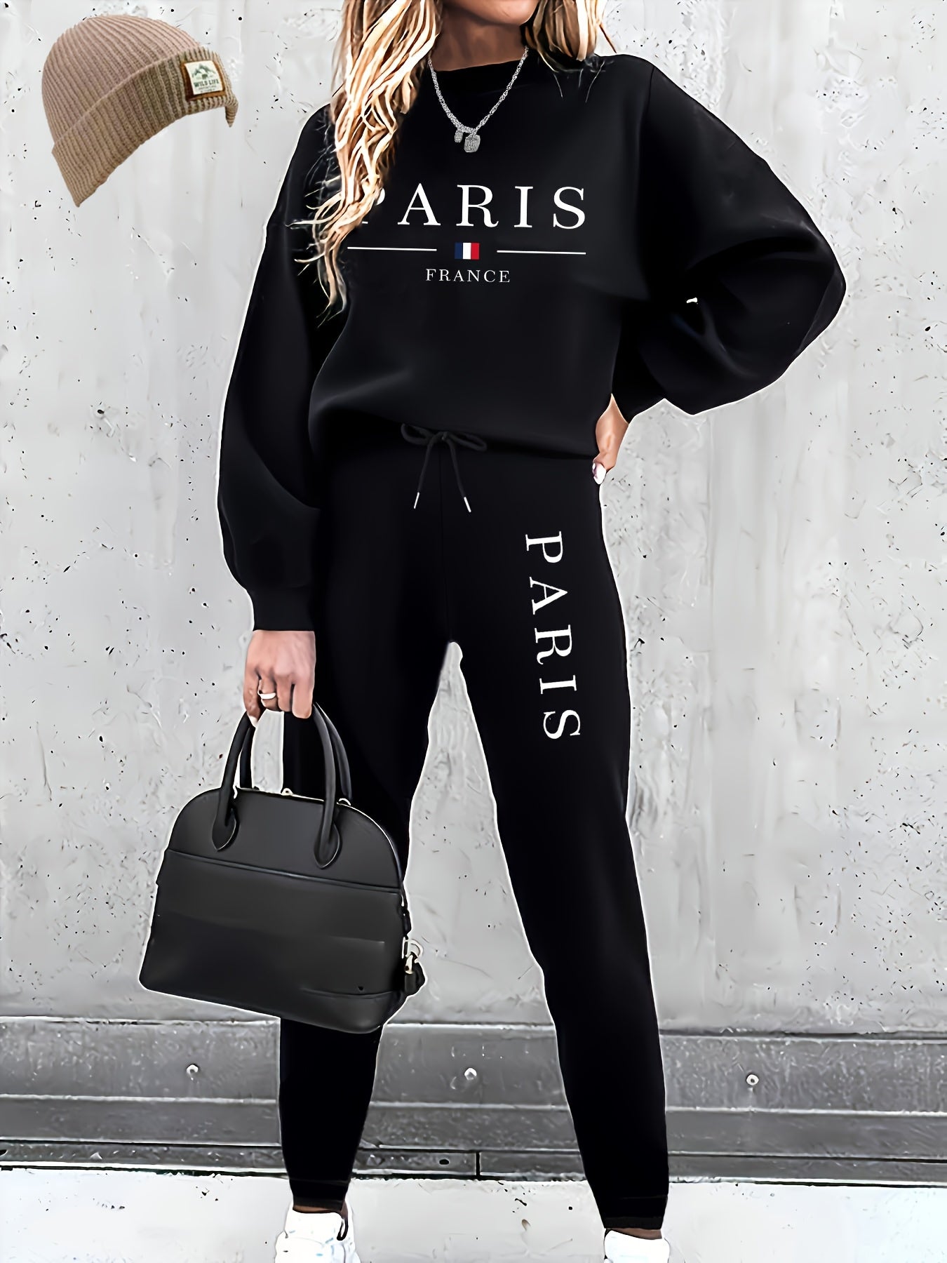 Targeted Autumn and Winter Fashion Print Two-Piece Set, Casual Long-Sleeve Fleece Pullover and Drawstring Jogger Pants Outfit for Women