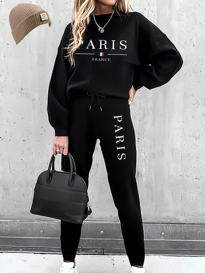 Targeted Autumn and Winter Fashion Print Two-Piece Set, Casual Long-Sleeve Fleece Pullover and Drawstring Jogger Pants Outfit for Women