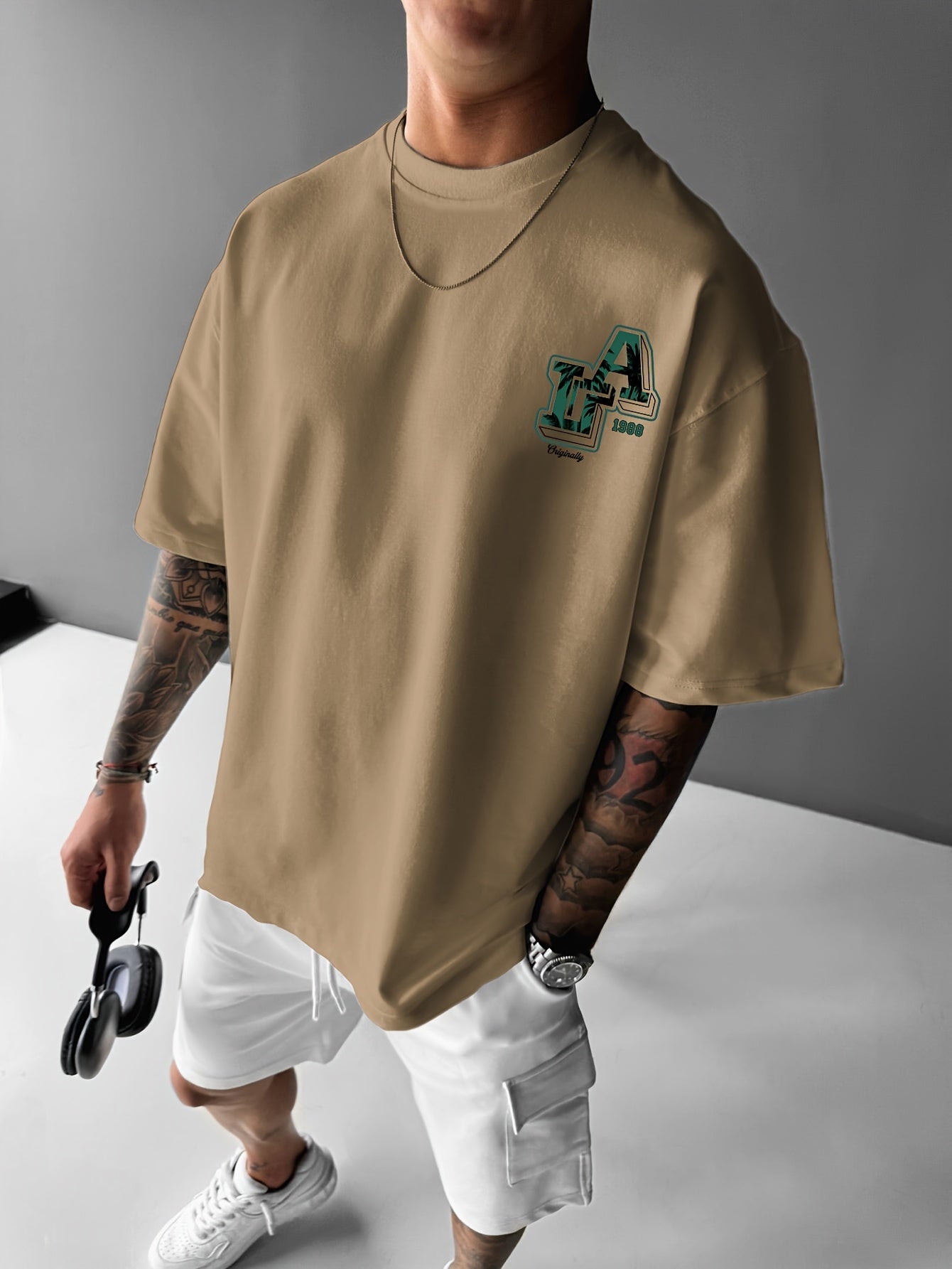 Men'S Casual Y2K LA Graphic T-Shirt - Bold Oversized "LA" Letter Print, Comfortable & Breathable with Slight Stretch, Perfect for Home & Outdoor Activities, Spring/Summer Fashion, Machine Washable, Loose Fit Short Sleeve Crew