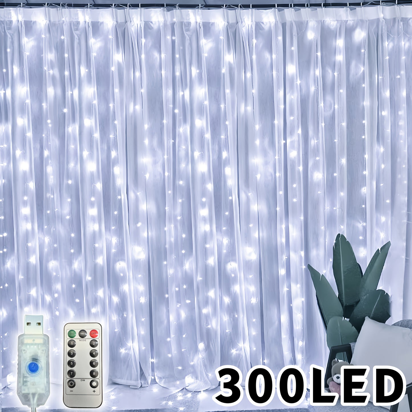1pc, Christmas fairy lamp, 300LED fairy tale curtain lamp, USB plug, 8 modes, including timing/dimming function, DIY bedroom modeling, very suitable for Christmas, Valentine's day, home wall decoration, living room decoration