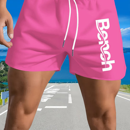 Men'S Quick-Dry Swim Trunks with Drawstring Waist - Vibrant Pink Geometric Pattern Beach Shorts, Breathable Regular Fit Casual Swimwear for Summer, Bathing Suits, Quickdrying Fabric