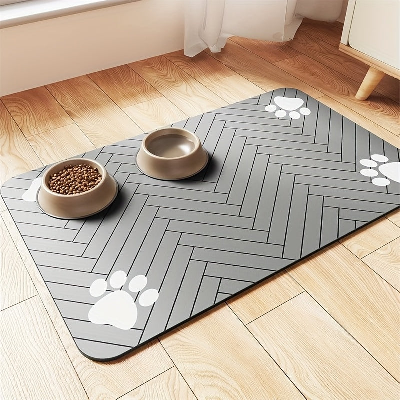 1pc Quick-Dry Diatom Mud Pet Feeding Mat - Splash-Proof, Absorbent, Easy to Clean, Suitable for Dogs and Cats, Herringbone Pattern with Paw Print Design, Washable Pet Feeding Mat