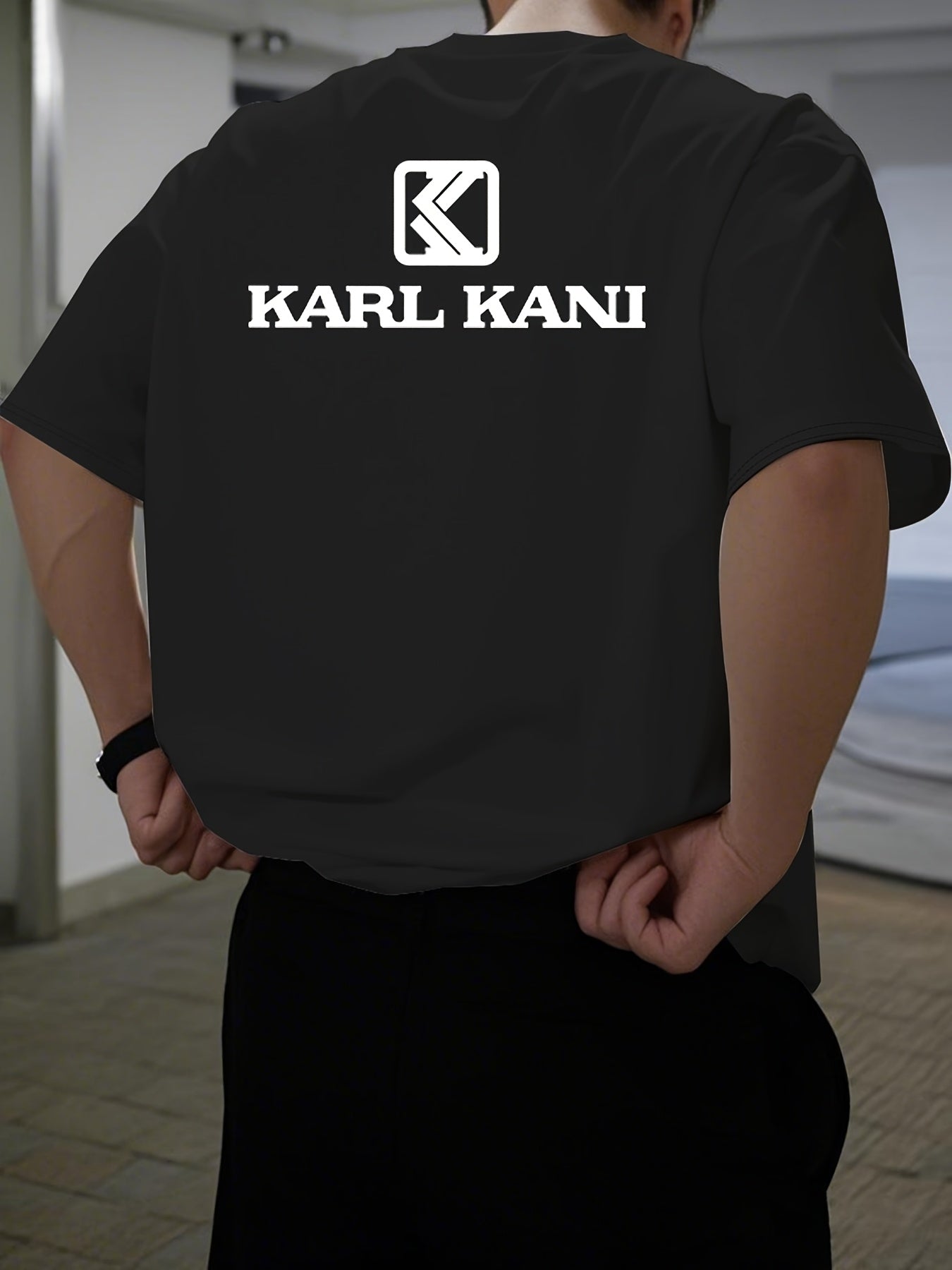 Men'S Casual Crew Neck T-Shirt with "KARL KANI" Graphic - Breathable, Moisture-Wicking, Short Sleeve, Regular Fit, Geometric Pattern, Ideal for Home & Outdoor Activities, All-Season Comfort, Outdoor Clothing | Relaxed Fit Shi