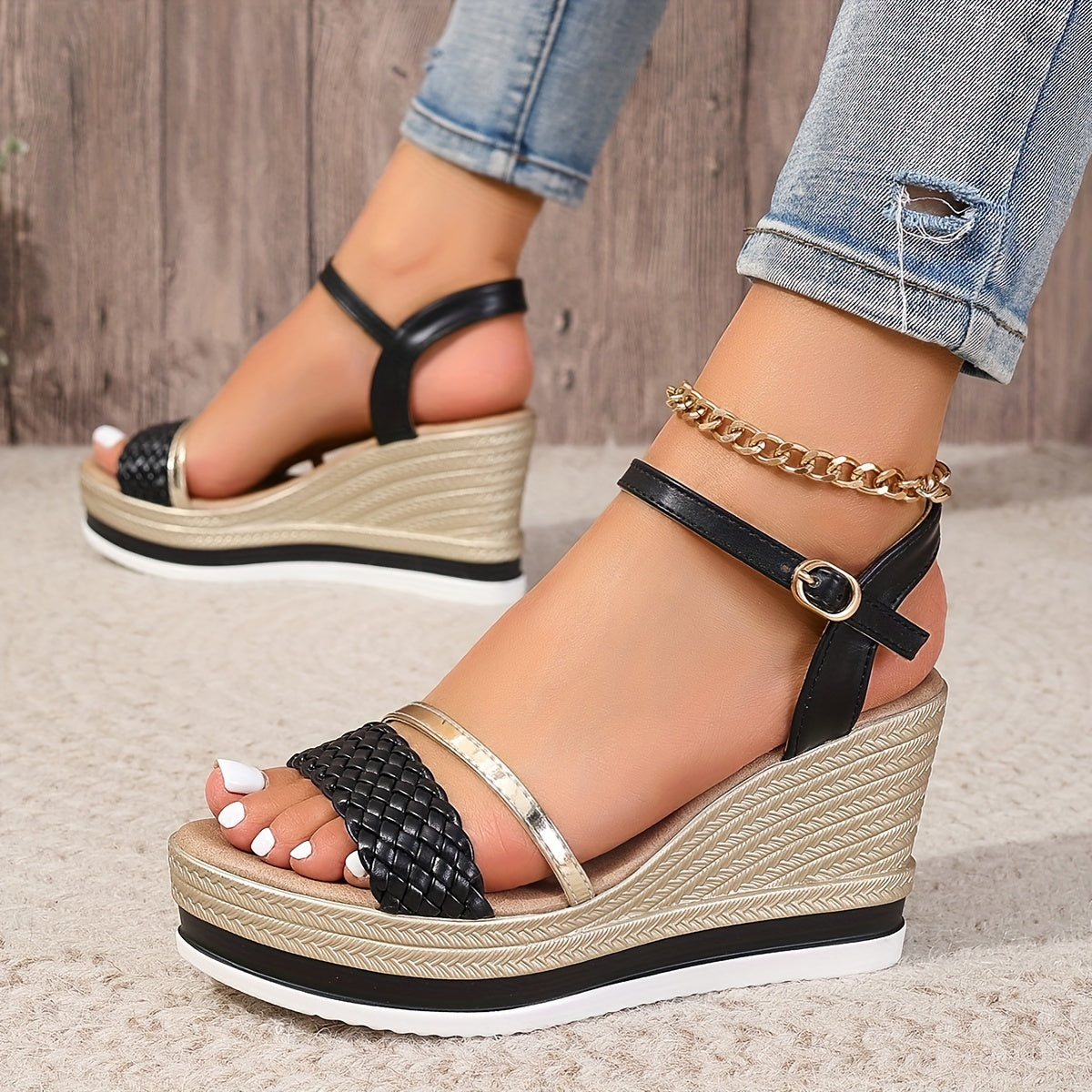 2024 New Arrival - Elegant 8.5cm High Heel Sandals with Golden & White Strap Design, Comfortable Platform Wedge for Women, Summer Fashion Footwear, Stylish Ankle Accessories | Elegant High Heel | Platform Wedge Sandals