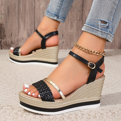 2024 New Arrival - Elegant 8.5cm High Heel Sandals with Golden & White Strap Design, Comfortable Platform Wedge for Women, Summer Fashion Footwear, Stylish Ankle Accessories | Elegant High Heel | Platform Wedge Sandals