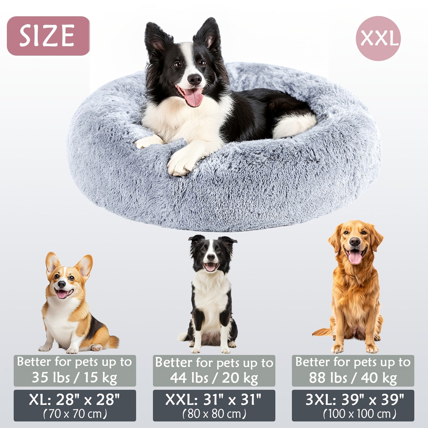 Calming Dog & Cat Bed, Donut Cuddler Warming Cozy Soft Round Bed, Fluffy Faux Fur Plush Cushion Bed For Small Medium And Large Dogs And Cats (40.64cm/50.8cm/60.96cm/71.12cm/78.74cm/99.06cm) Christmas Gift