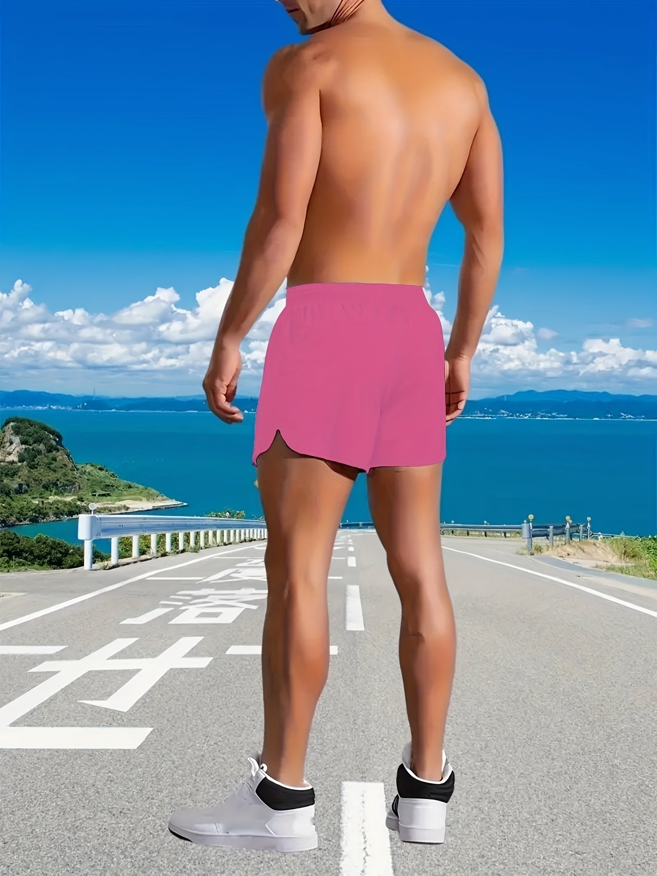 Men'S Quick-Dry Swim Trunks with Drawstring Waist - Vibrant Pink Geometric Pattern Beach Shorts, Breathable Regular Fit Casual Swimwear for Summer, Bathing Suits, Quickdrying Fabric