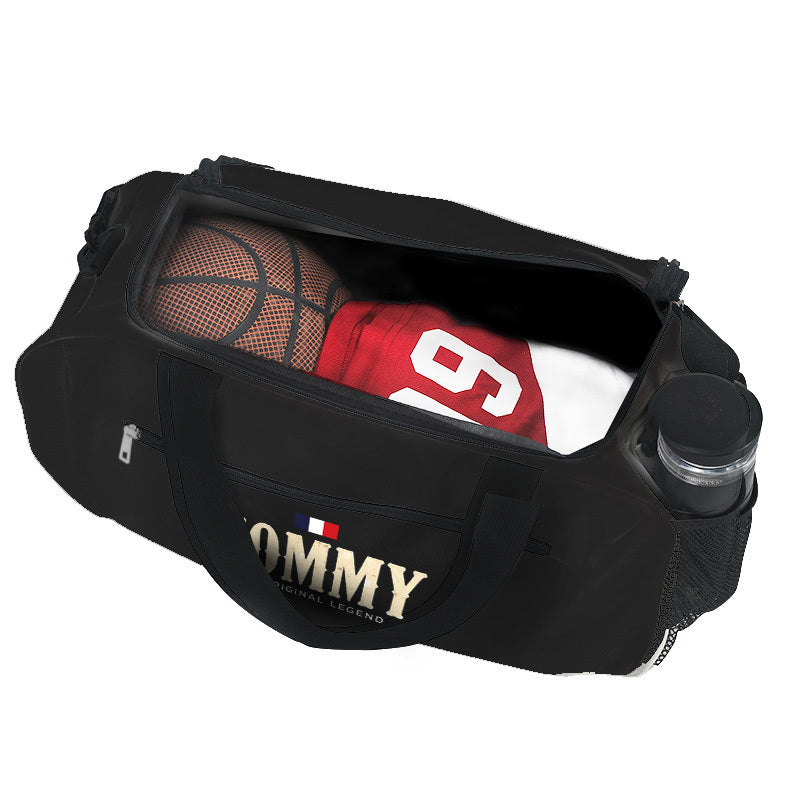 1pc Tommy Logo Print Large Duffel Bag for Men - Heavy-Duty Gym & Travel Sports Bag with Shoe Compartment, Wet/Dry Pocket, Adjustable Strap - Iconic Branding (Tommy-Legends Design) - Casual Carry-On for Athletes & Weekend Geta