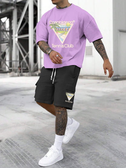 New Loose Fit Breathable Men's Crew Neck Short Sleeve T-Shirt and Workwear Style Multi-Pocket Shorts Set, Summer Casual Sportswear Two-Piece Outfit, Stylish Versatile Top and Pants for Both Men and Women