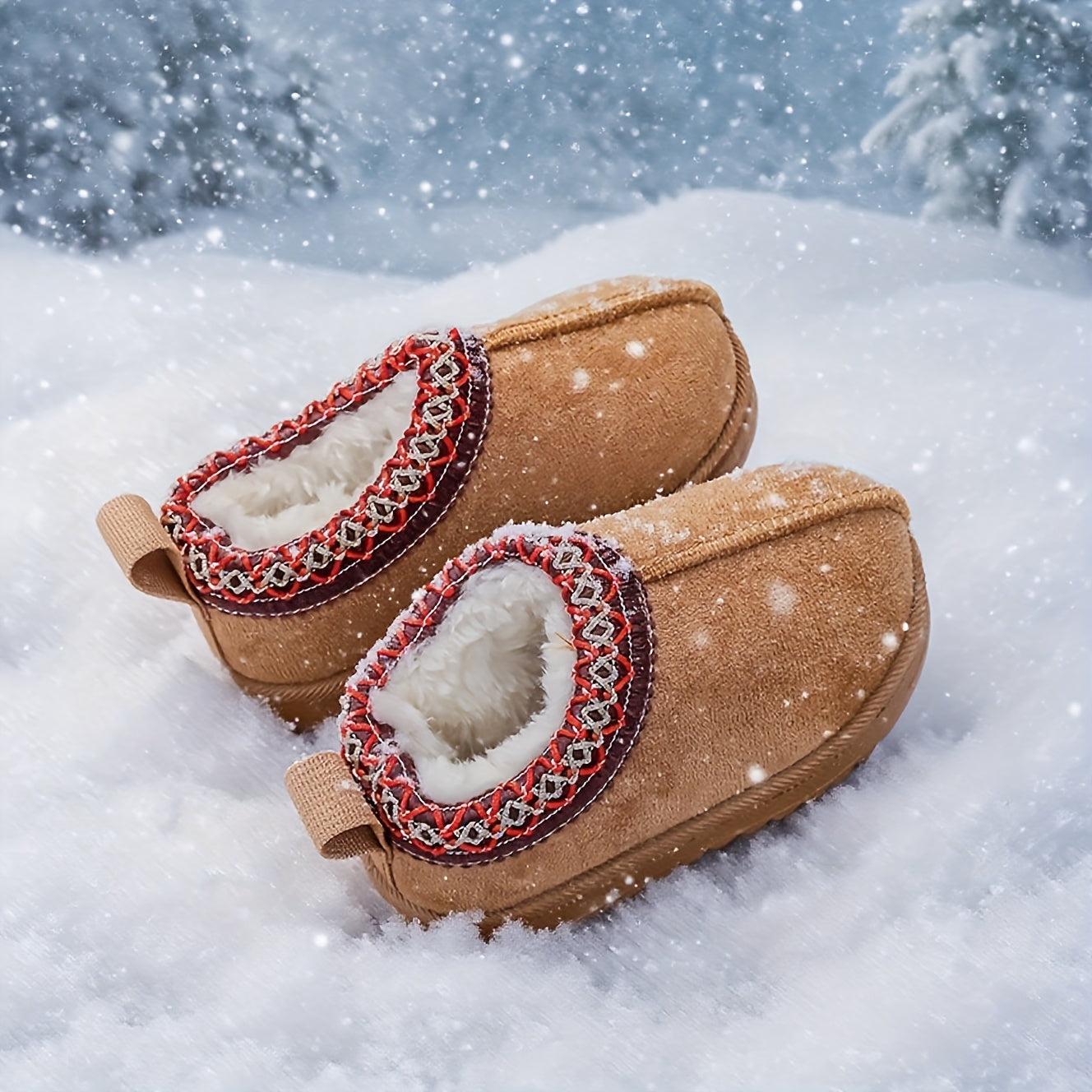 Girls' Winter Snow Boots with Plush Faux Fur Collar & Non-Slip Rubber Sole - Soft Fabric Upper, Mid-Calf Height, Round Toe Design for Outdoor Hiking, Casual Wear - Cozy Warm Slip-On Boots for Youngsters & Youngsters (Autumn/W