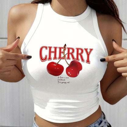 Women's Elegant Cropped Graphic Tank Top - Cherry Print Semi-Sheer Stretchy, Round Neck Sleeveless Shirt, Machine Washable All-Season Casual Top, Ladies Tank Tops, Playful Summer Wear