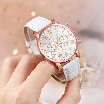 2pcs CAYON Women'S Quartz Watch & Bracelet Set - Elegant White Faux Leather Strap with Rose Golden-Tone Accents, Sparkling Crystal Bracelet, Casual Style, Perfect Valentine'S Day Gift, Valentine'S Day Accessory | Elegant Watc
