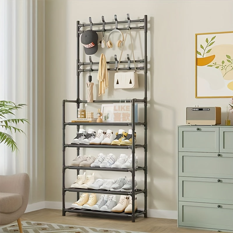 Clothes and Hat Rack, Freestanding Shoe Shelf with Sturdy Thick Metal Plastic Hooks – Space-Saving Modern Design for Shoes, Hats, and Clothes. Easy to Assemble for Living Room, Bedroom & Home Office, Hat Organizer, Home Org