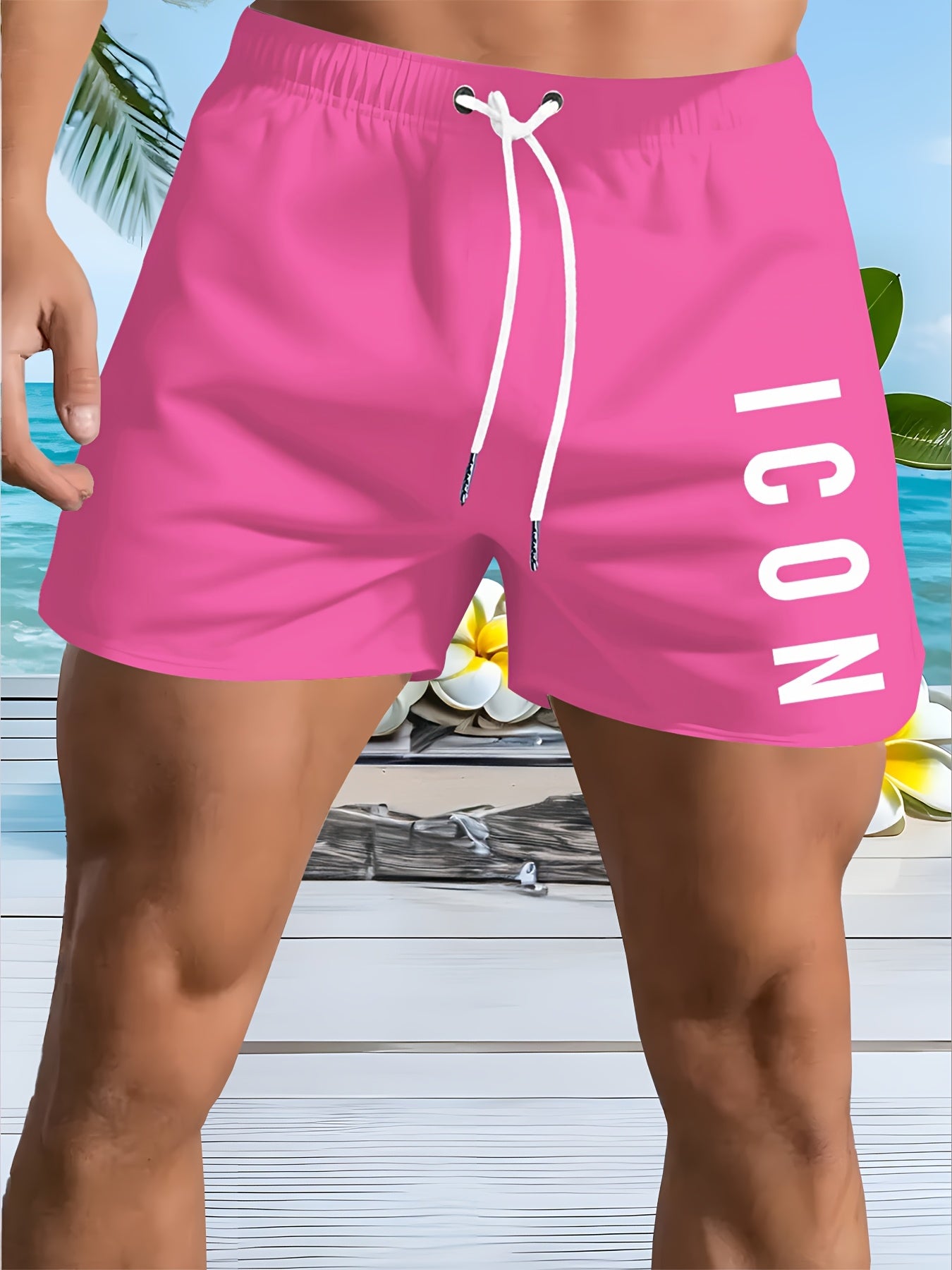 Men'S Quick-Dry Beach Shorts - Breathable, Sun-Protective Lightweight Running & Hiking Shorts with "ICON" Geometric Print, Elastic Waistband, Side Pockets, Casual Outdoor Activewear, Beach Shorts