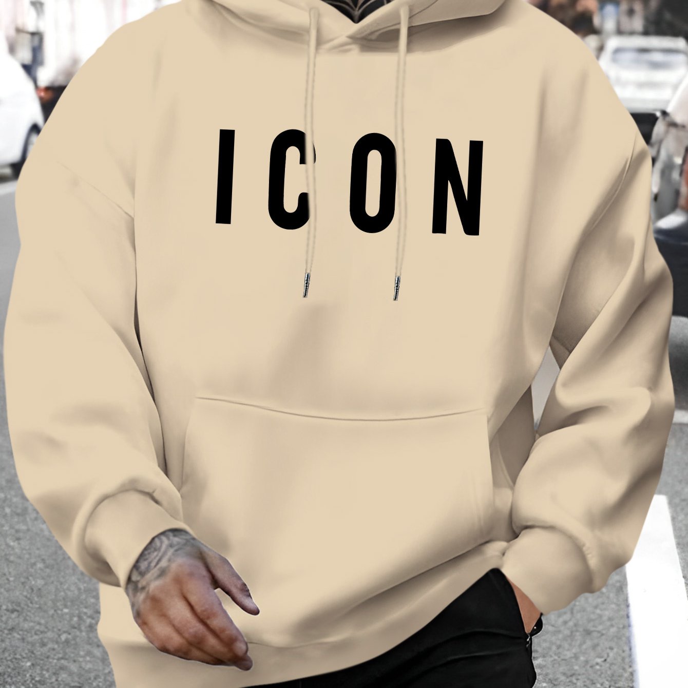 Men'S Casual Hoodie with Iconic Print - Stylish Pullover with Kangaroo Pocket, Stretch Fabric, Machine Washable - Perfect for Spring & Fall, Polyester Blend, Casual Wear Hoodie|Hooded Sweatshirt|Stretch Fabric Hoodie