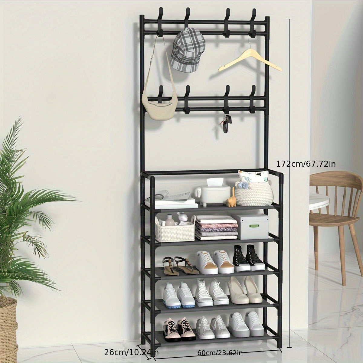 1pc Multi-Functional Entryway Organizer - Heavy-Duty Shoe Rack & Coat Hanger with Hooks, Space-Saving Hallway Storage Cabinet, Easy Assembly No Tools Needed, Sturdy Metal/Plastic Construction for Living Room, Bedroom, Office