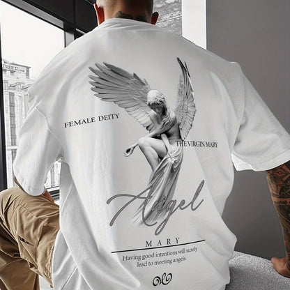 Men'S Casual Street Style Angel Graphic T-Shirt - "Female Devity" Print, Loose Fit, Polyester Blend, Summer Essential, Textured Look, Black with White Design, Short Sleeve, Round Neck, Perfect for Casual Attire, Everyday Tshi