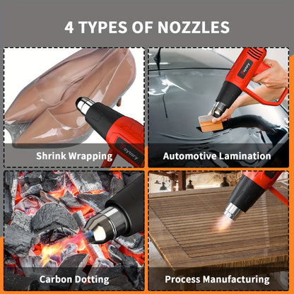 2000W Heat Gun, Handheld Hot Air Gun Variable Temperature, 2 Temperature Modes & 4 Nozzles For DIY, Stripping Paint, Shrinking PVC, Wrapping, Embossing - Red