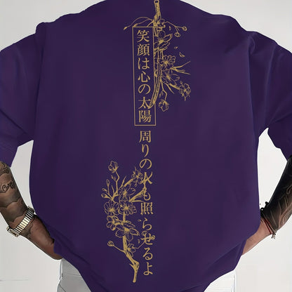 Men's Japanese Sakura Cherry Blossom & Text Print Casual T-Shirt - Black with Golden Floral Print Design, Loose Fit Round Neck, Breathable Summer Fabric, Machine Washable, Relaxed Fit Clothing, Elegant Design Shirt