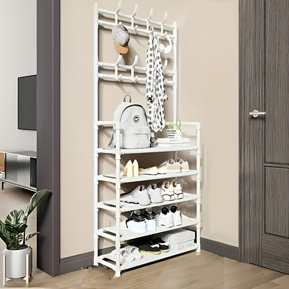 Clothes and Hat Rack, Freestanding Shoe Shelf with Sturdy Thick Metal Plastic Hooks – Space-Saving Modern Design for Shoes, Hats, and Clothes. Easy to Assemble for Living Room, Bedroom & Home Office, Hat Organizer, Home Org