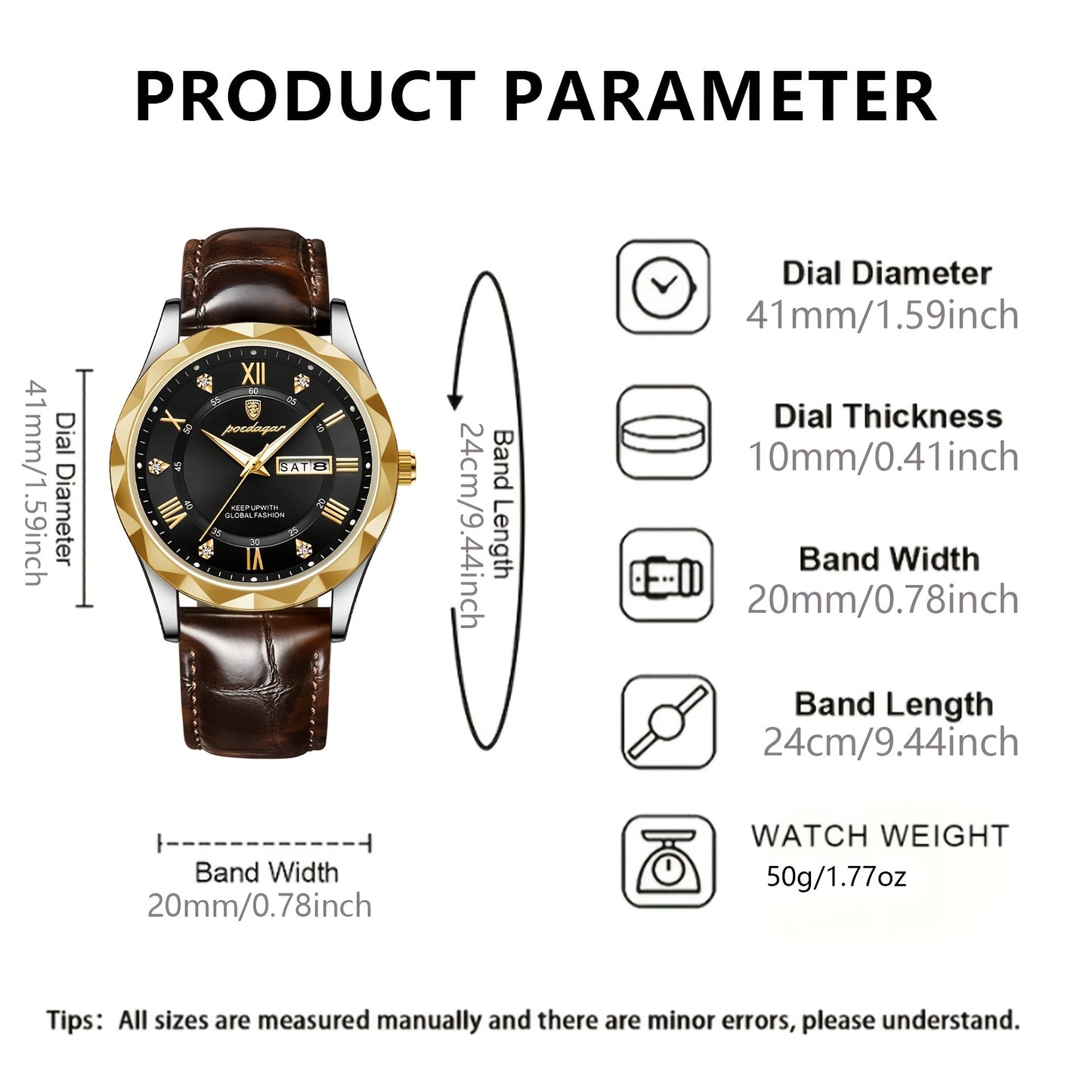 POEDAGAR Men's Casual Fashion Quartz Watch, Water-Resistant 3ATM, Round Alloy Case, Luminous Hands, Calendar Feature, Battery Powered with Electronic Drive, Faux Leather Strap