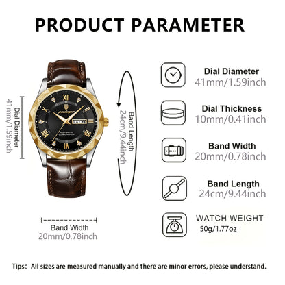 POEDAGAR Men's Casual Fashion Quartz Watch, Water-Resistant 3ATM, Round Alloy Case, Luminous Hands, Calendar Feature, Battery Powered with Electronic Drive, Faux Leather Strap