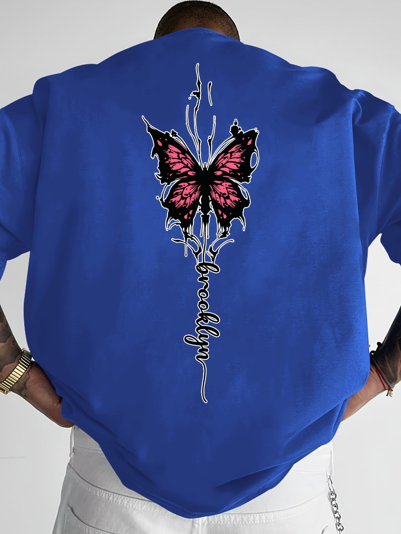 Men's Streetwear Graphic T-Shirt with Pink Butterfly & Brooklyn Letter Print - Loose Fit Casual Summer Tee, Breathable Round Neck Short Sleeve Shirt for Urban Fashion, Casual Attire, Streetstyle Tee, Relaxed Fit Top