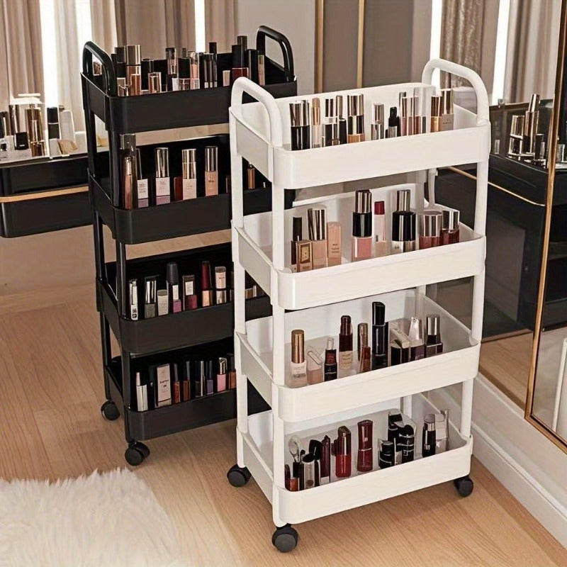 4/3/5-Tier Rolling Cosmetic Organizer - Durable Plastic Material, 360° Swivel Wheels, High Load Capacity for Bathroom, Bedroom, Kitchen & Home Organization | Black or White Options | Multifunctional Storage Cart with Side Ha